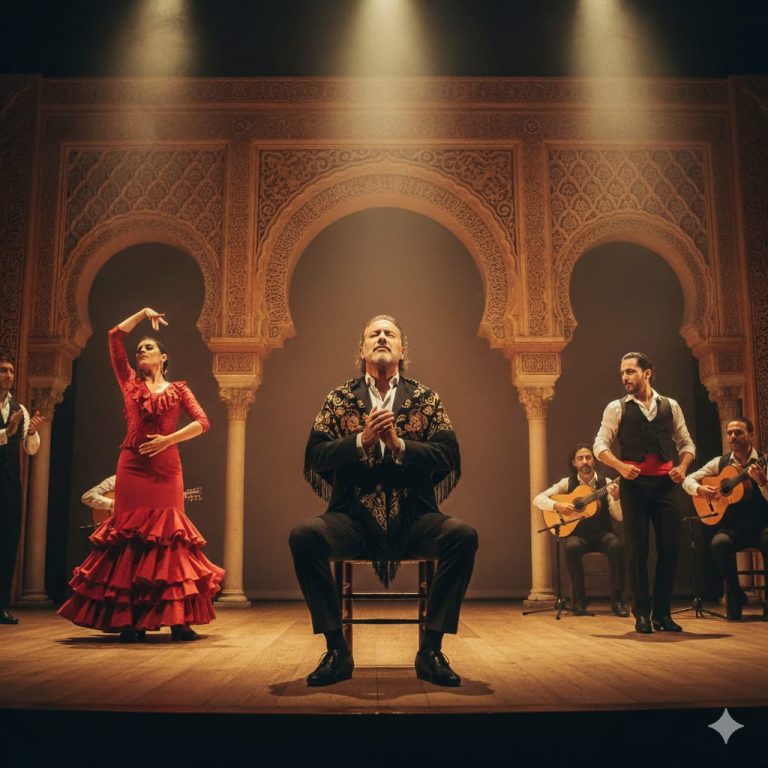 cantante de flamenco en concierto con bailaores