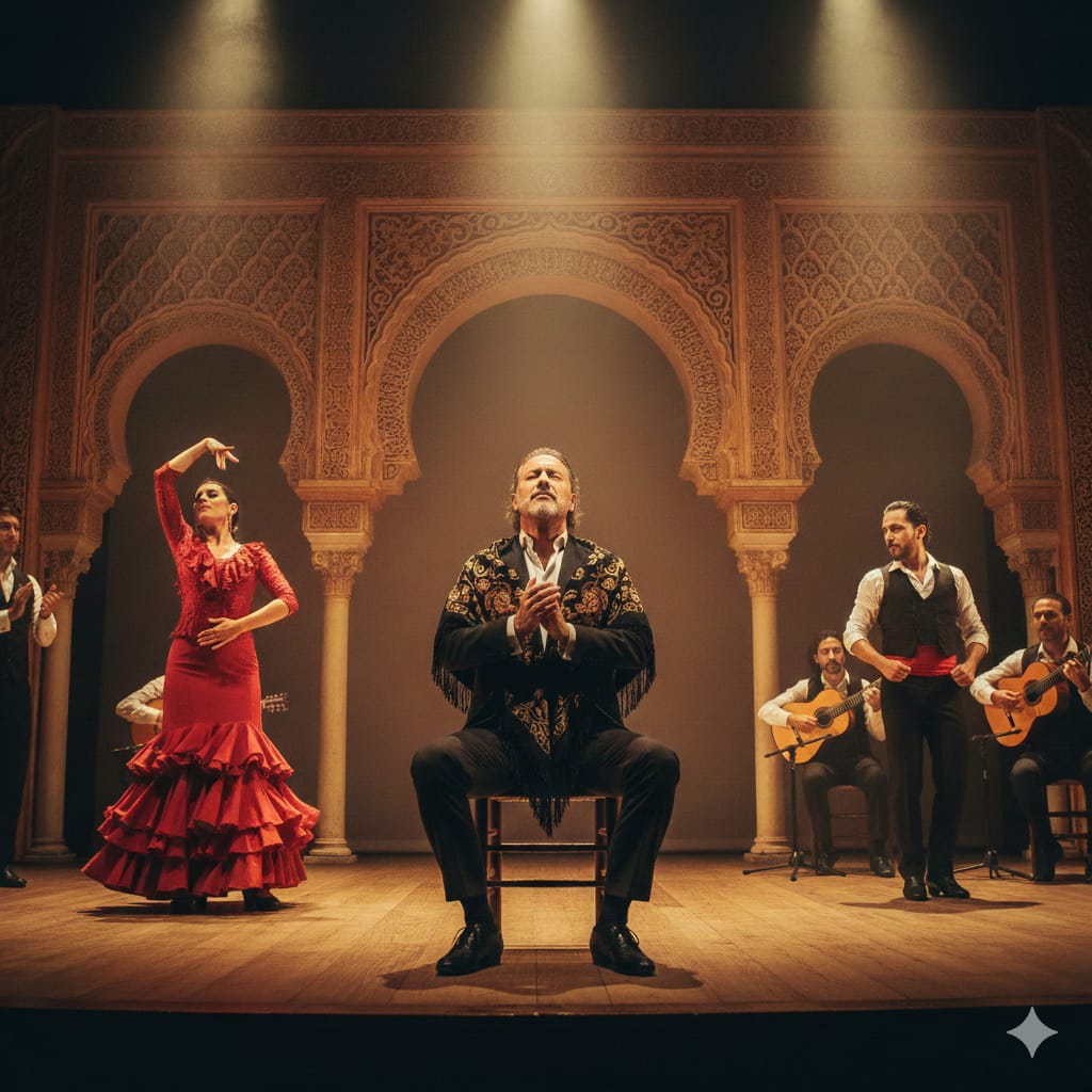 cantante de flamenco en concierto con bailaores